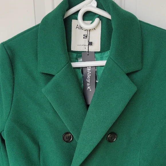 🍀 Women's Green Double-Breasted Lapel Coat, Knee Length - Picture 3 of 11